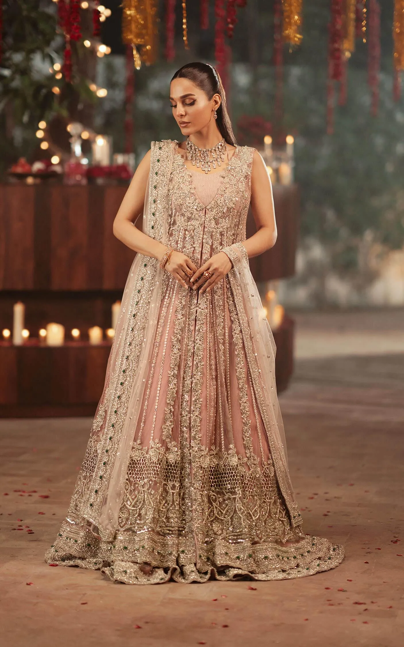 Pakistani Bridal Dress in Pink Open Gown Lehenga Style
