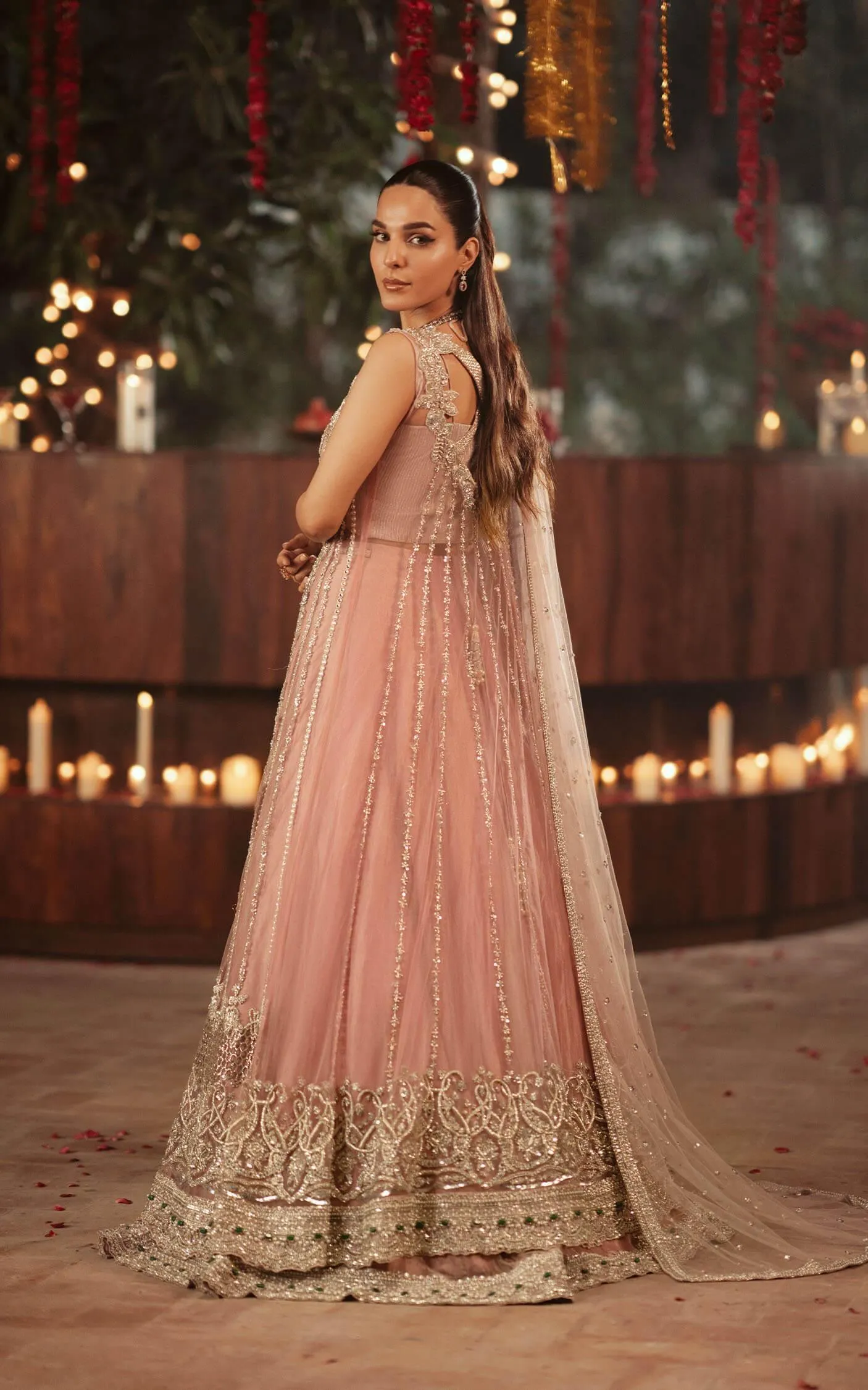 Pakistani Bridal Dress in Pink Open Gown Lehenga Style