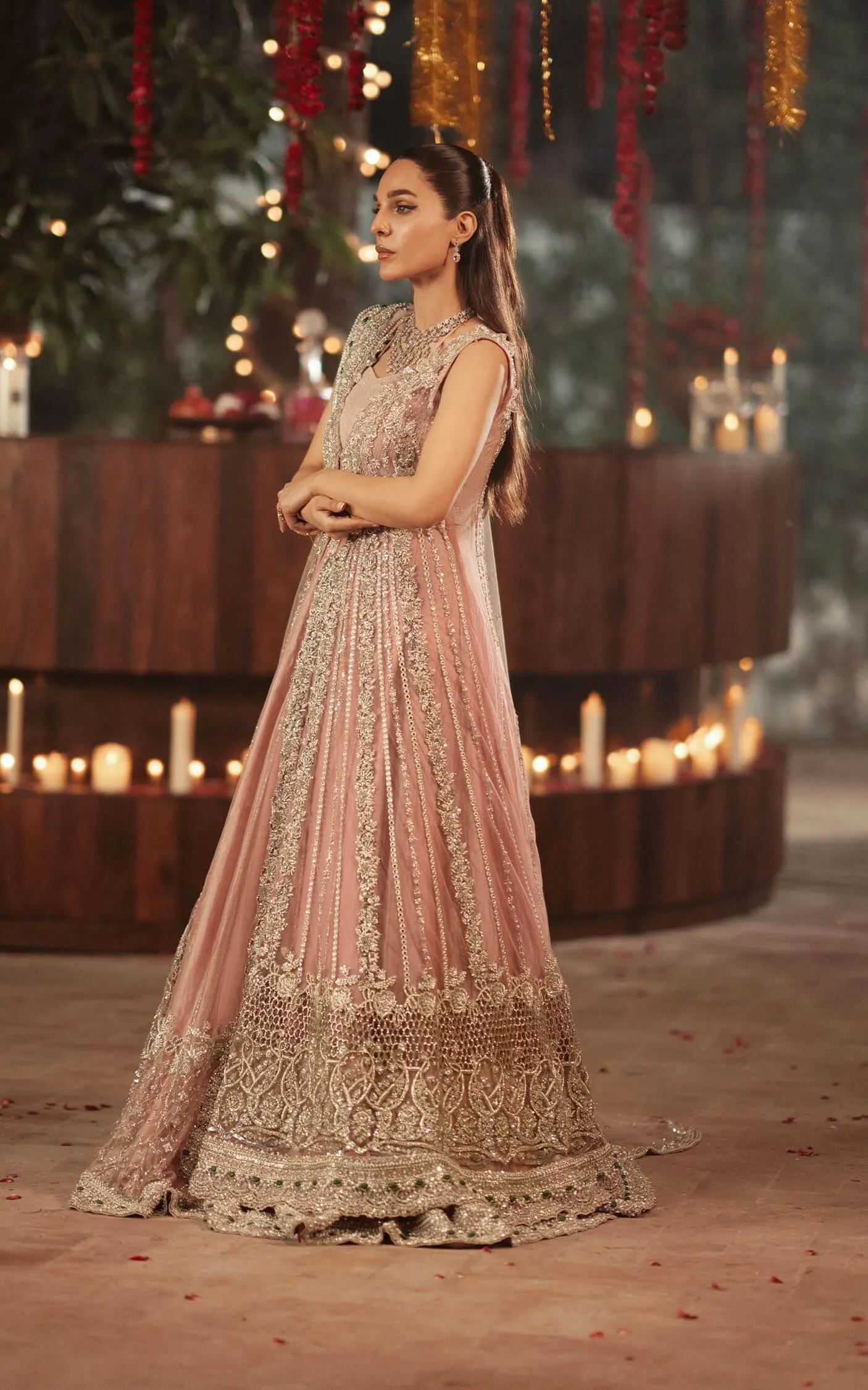 Pakistani Bridal Dress in Pink Open Gown Lehenga Style