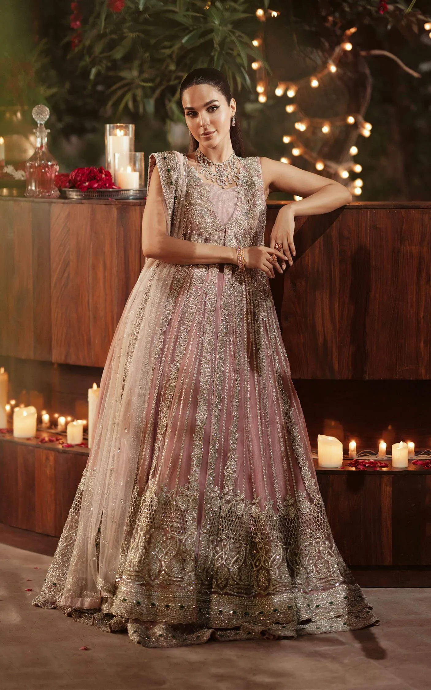Pakistani Bridal Dress in Pink Open Gown Lehenga Style