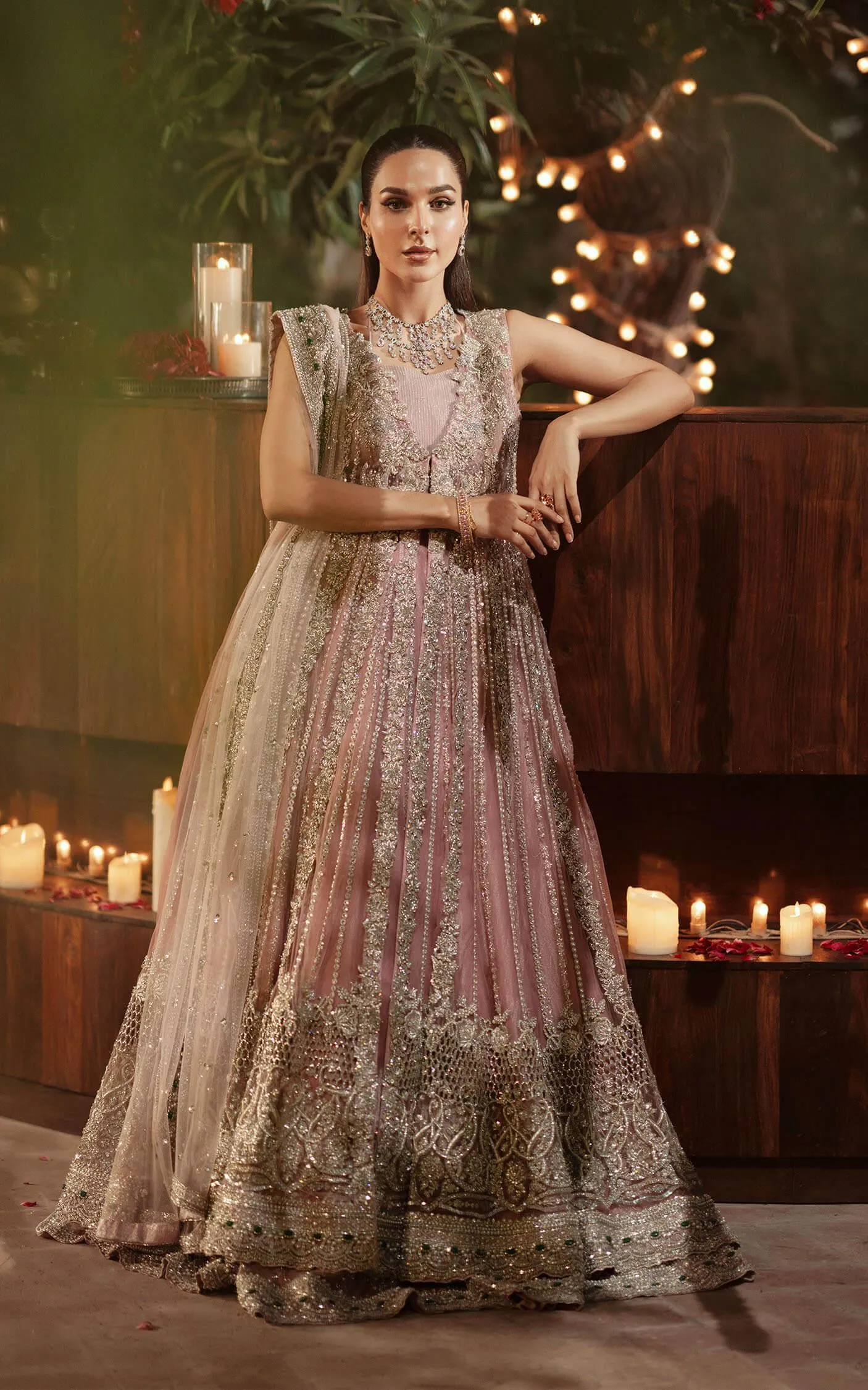 Pakistani Bridal Dress in Pink Open Gown Lehenga Style
