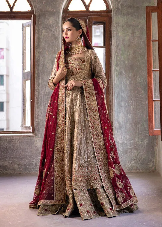 Pakistani Bridal Gown with Golden Lehenga and Dupatta
