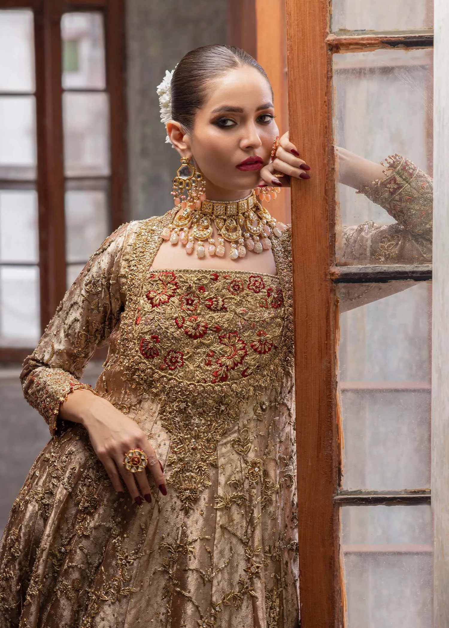 Pakistani Bridal Gown with Golden Lehenga and Dupatta