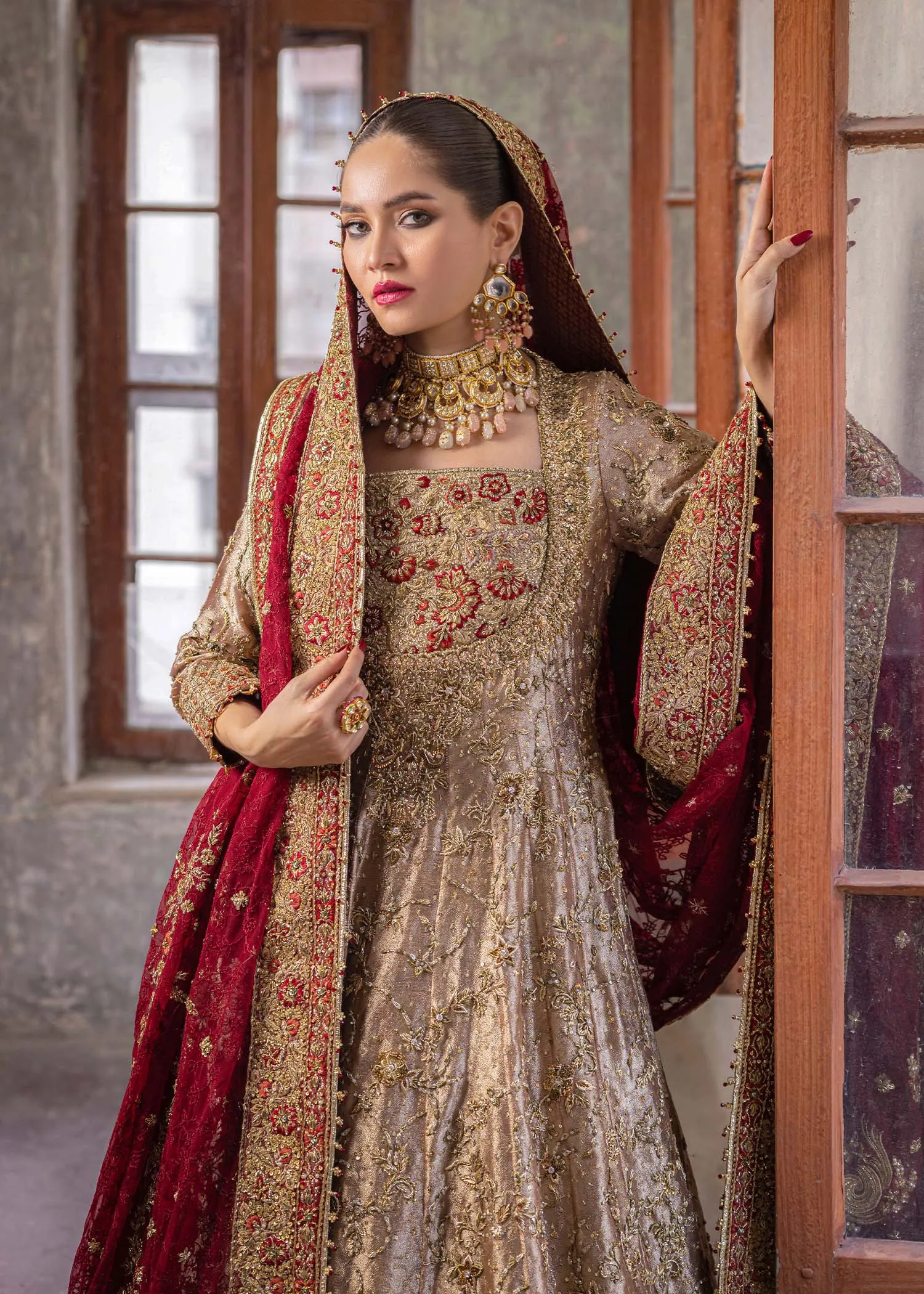 Pakistani Bridal Gown with Golden Lehenga and Dupatta