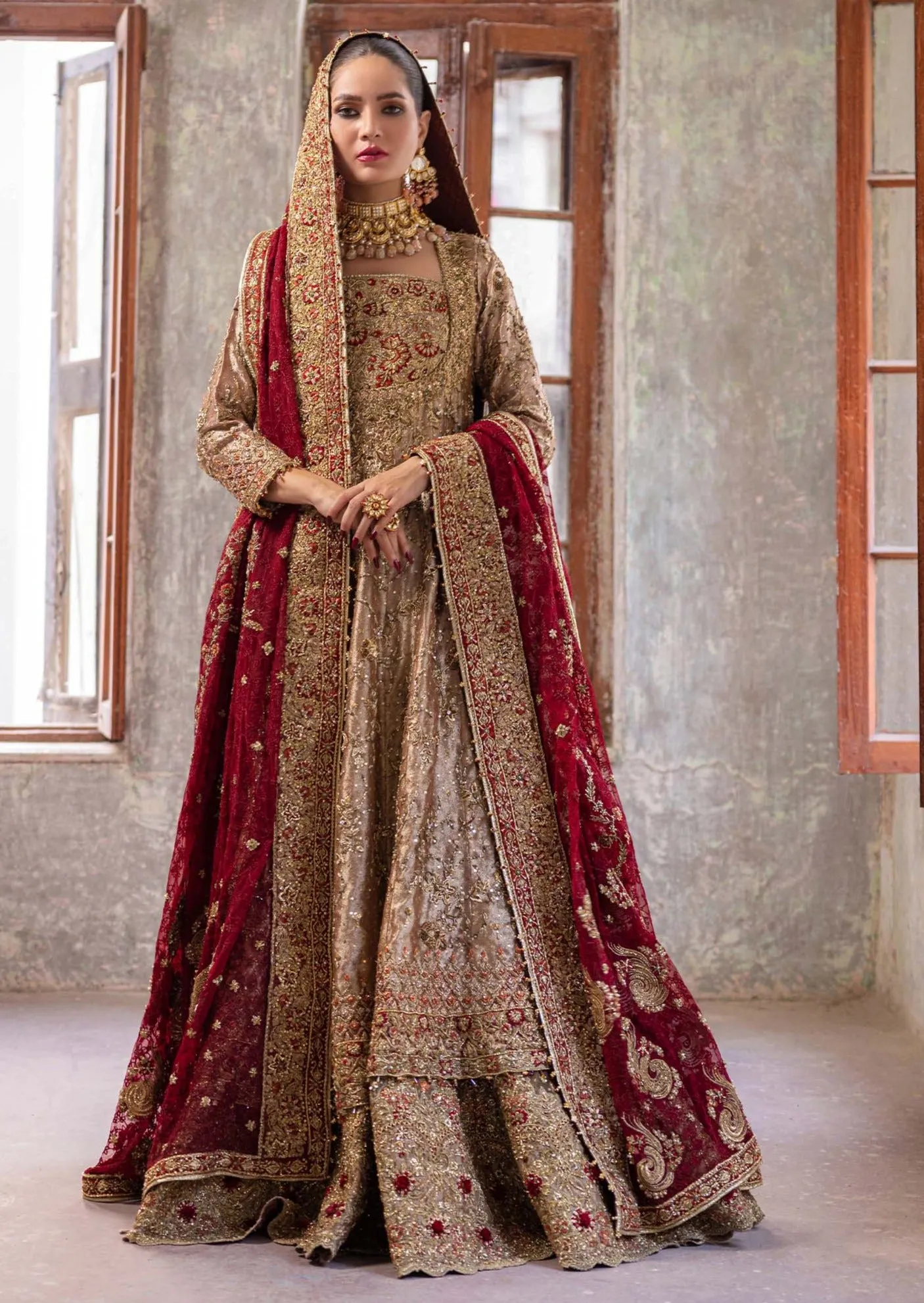 Pakistani Bridal Gown with Golden Lehenga and Dupatta