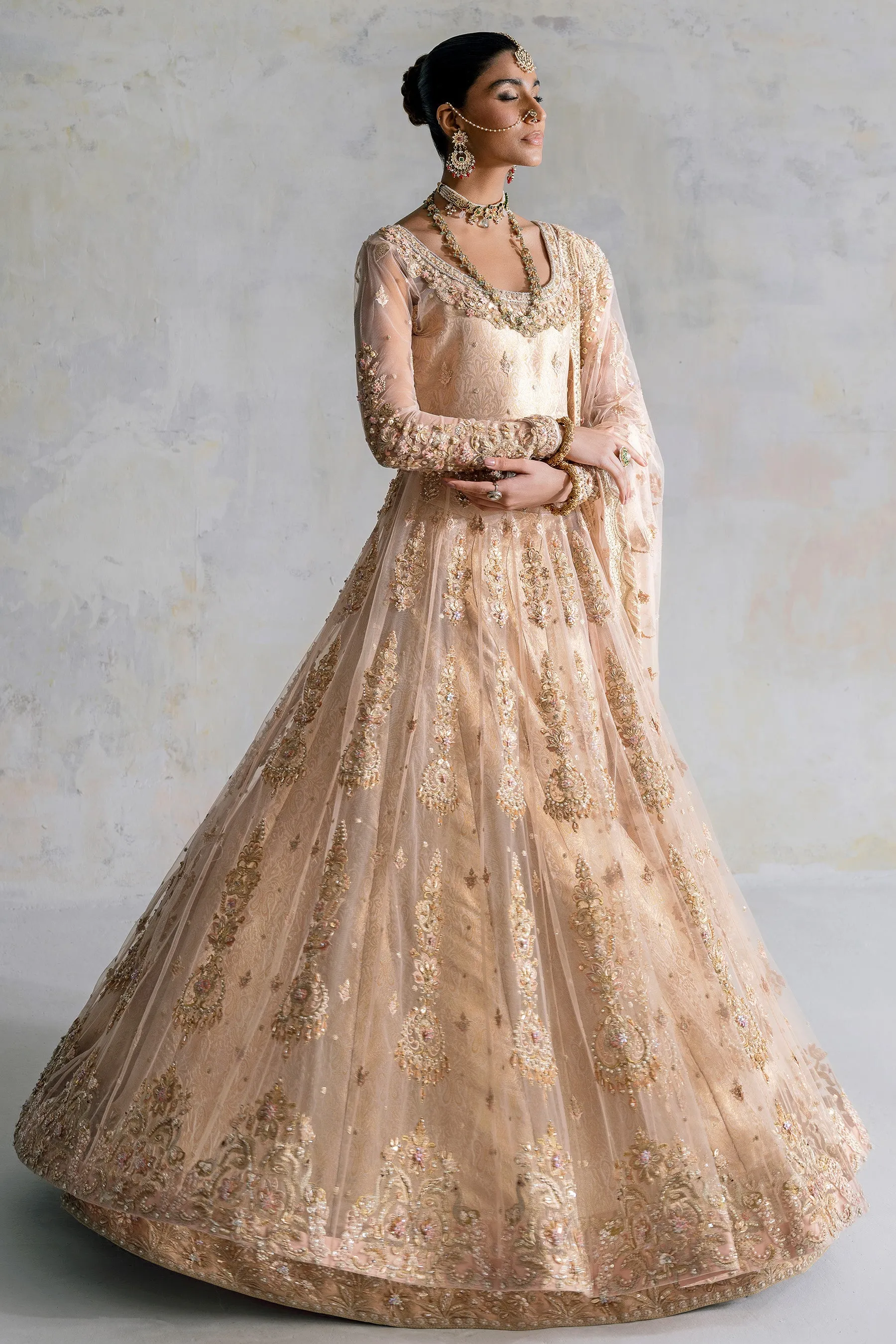 Pakistani Bridal Lehenga with Pishwas Frock and Dupatta