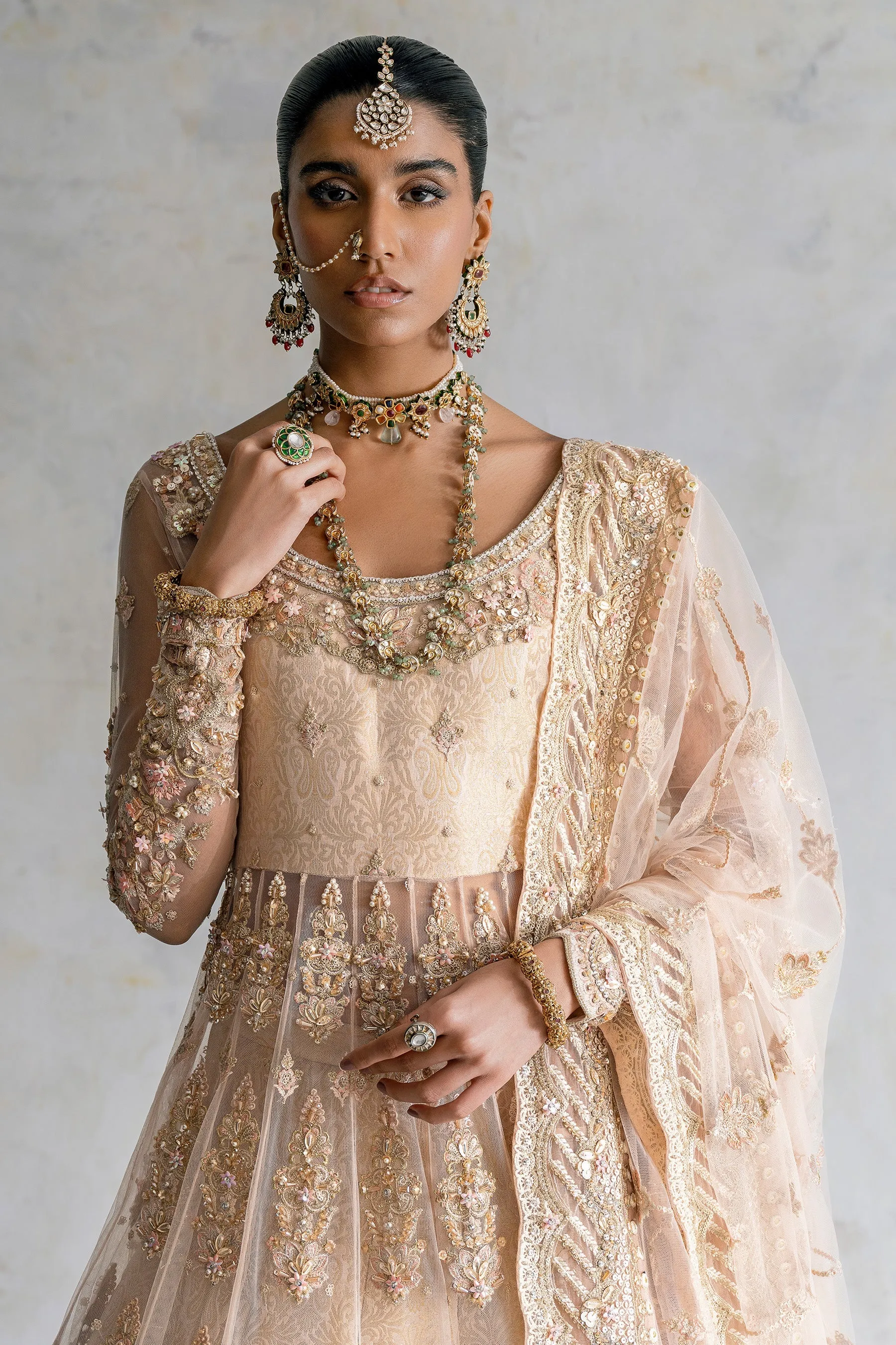 Pakistani Bridal Lehenga with Pishwas Frock and Dupatta