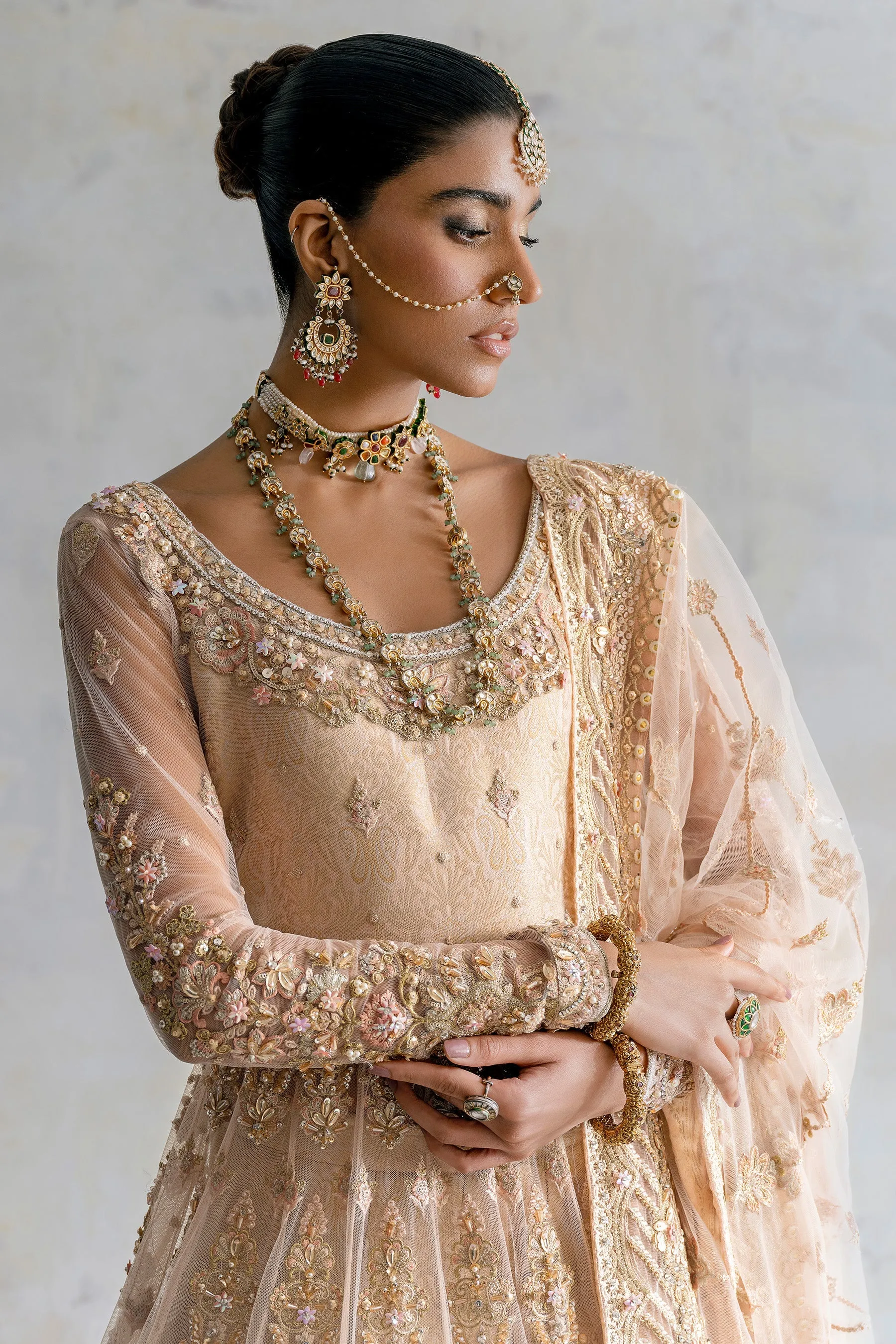 Pakistani Bridal Lehenga with Pishwas Frock and Dupatta