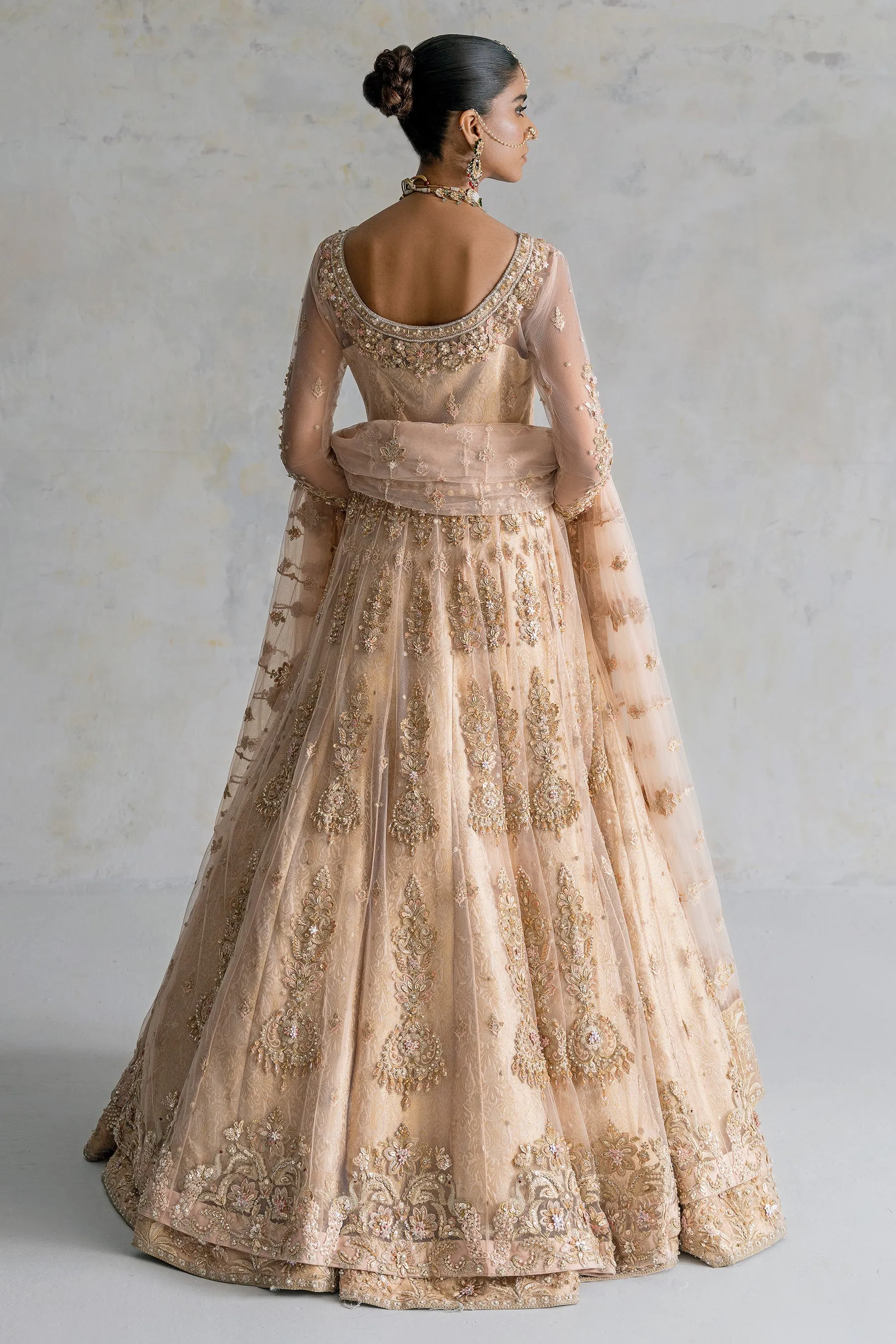 Pakistani Bridal Lehenga with Pishwas Frock and Dupatta