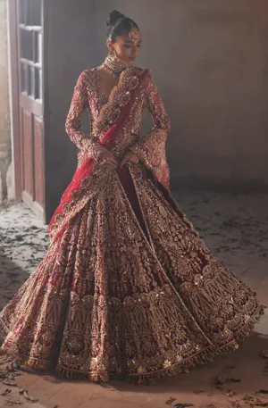 Pakistani Bridal Red Lehenga and Embellished Gown Dress