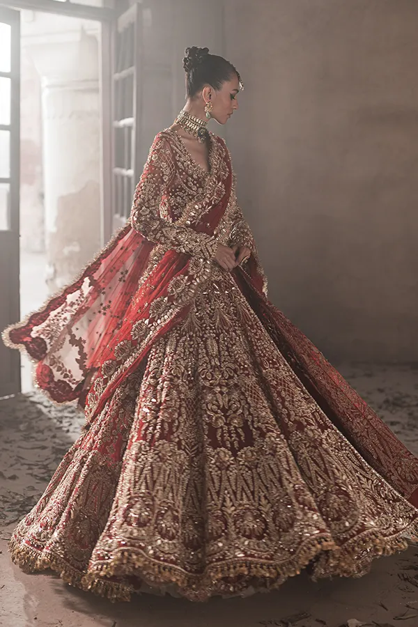 Pakistani Bridal Red Lehenga and Embellished Gown Dress