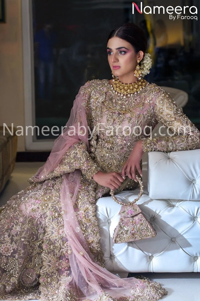 Pakistani Embroidered Bridal Frock in Peach #BN183