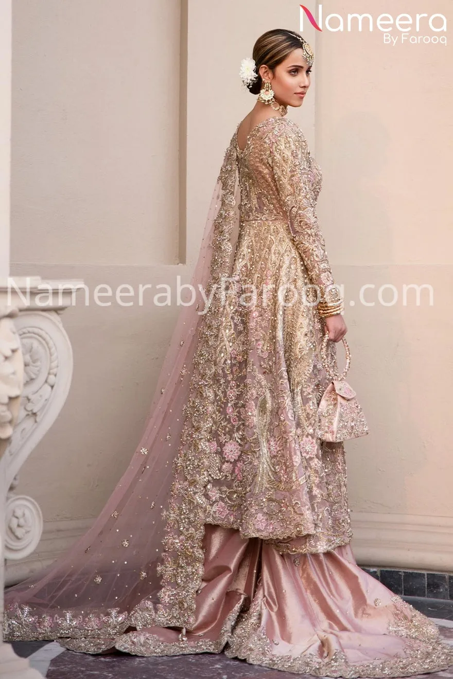 Pakistani Embroidered Bridal Frock in Peach #BN183