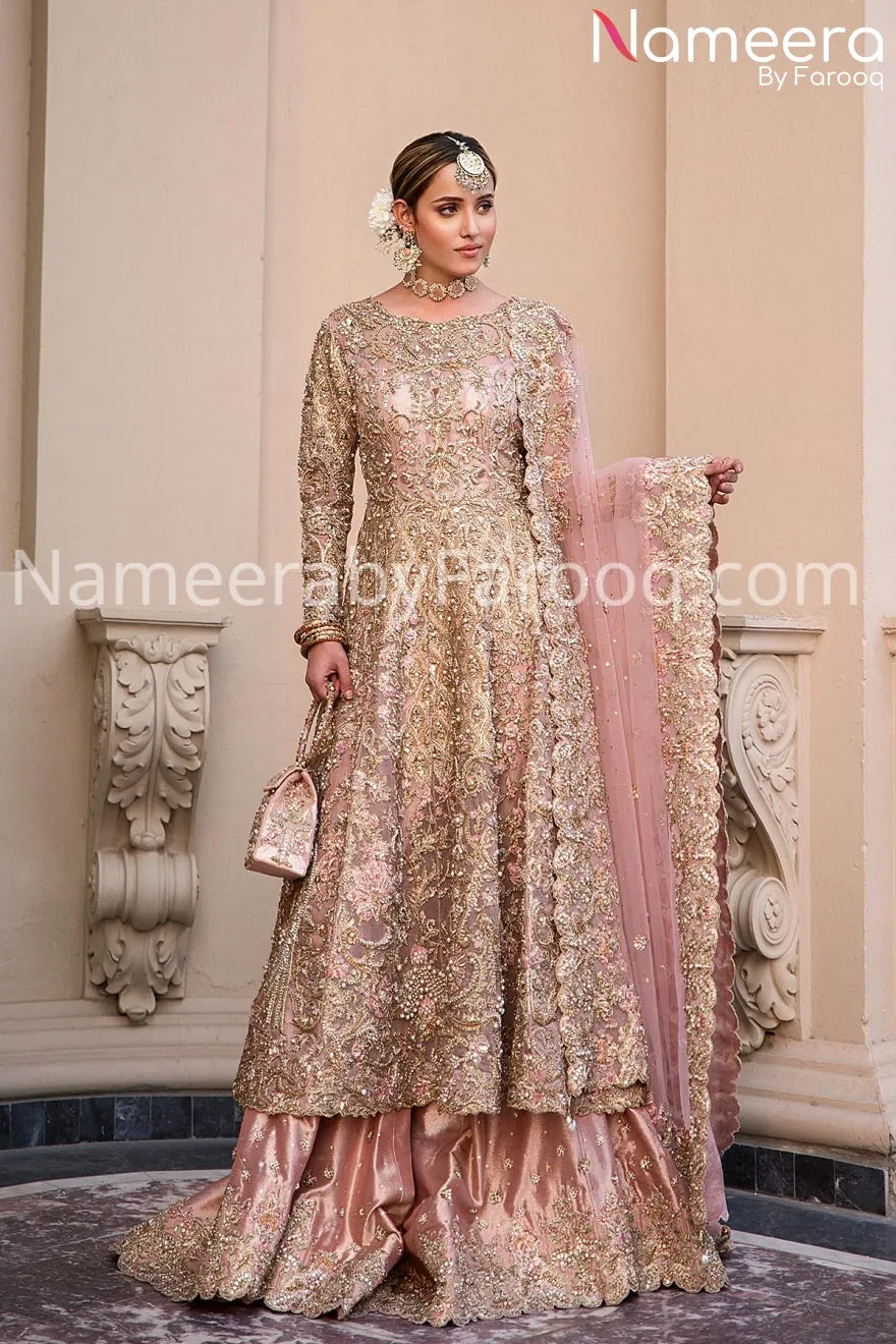 Pakistani Embroidered Bridal Frock in Peach #BN183