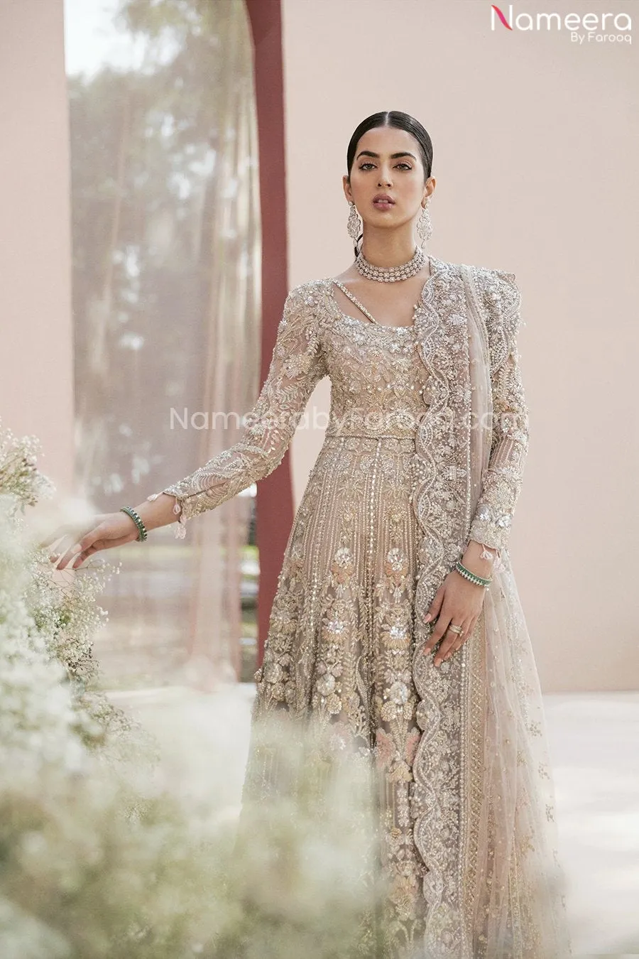 Pakistani Long Gown Dusty Pink Bridal Lehenga #BN988