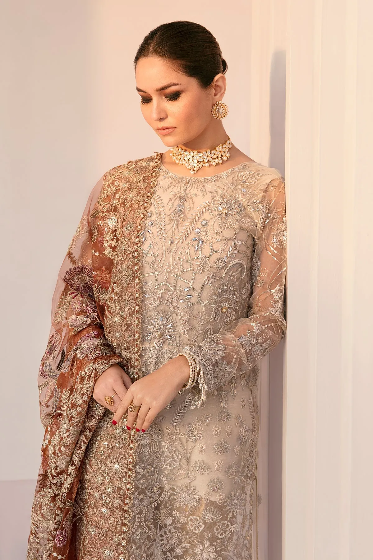 Pakistani Party Dress in Net Kameez and Trouser Style