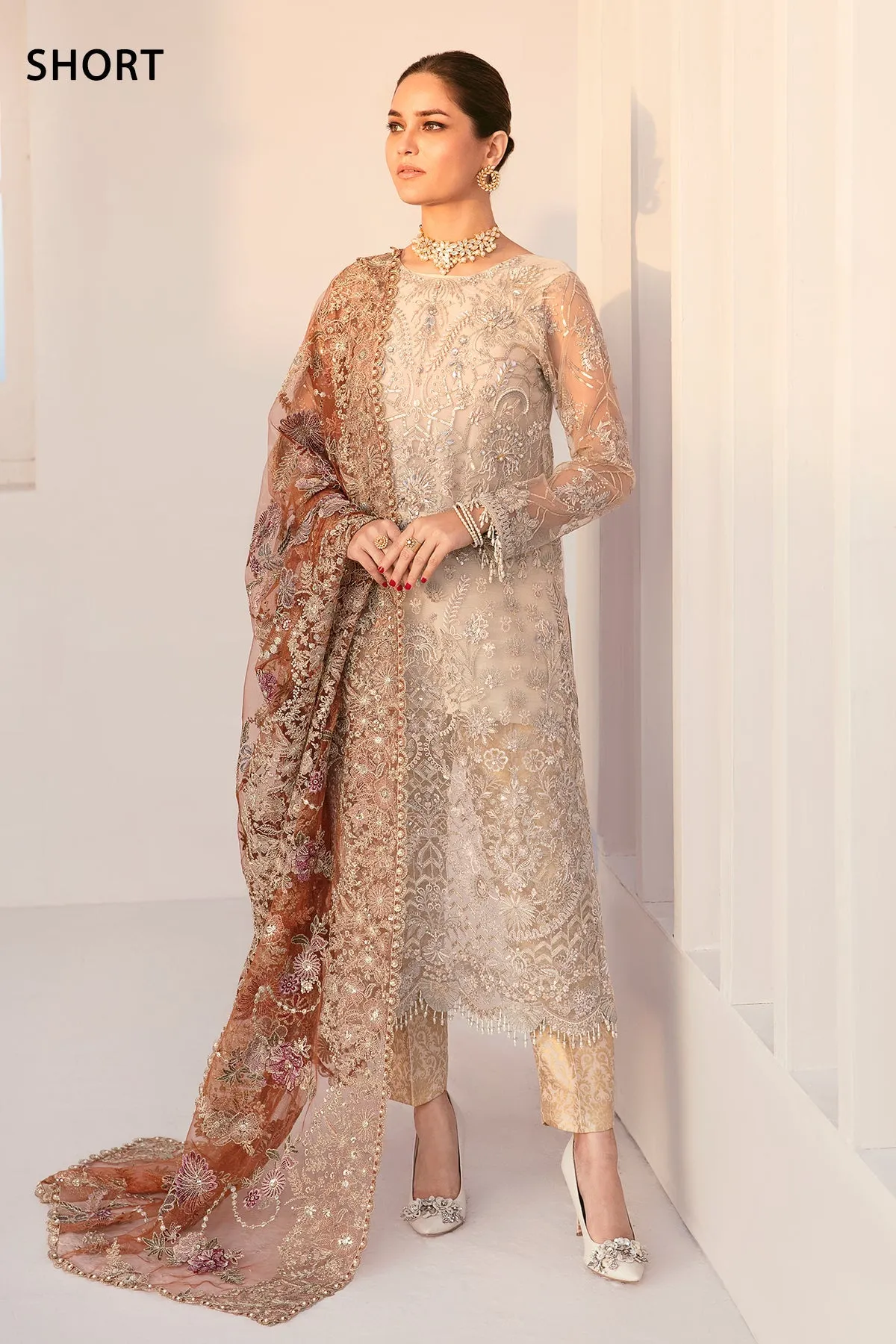 Pakistani Party Dress in Net Kameez and Trouser Style