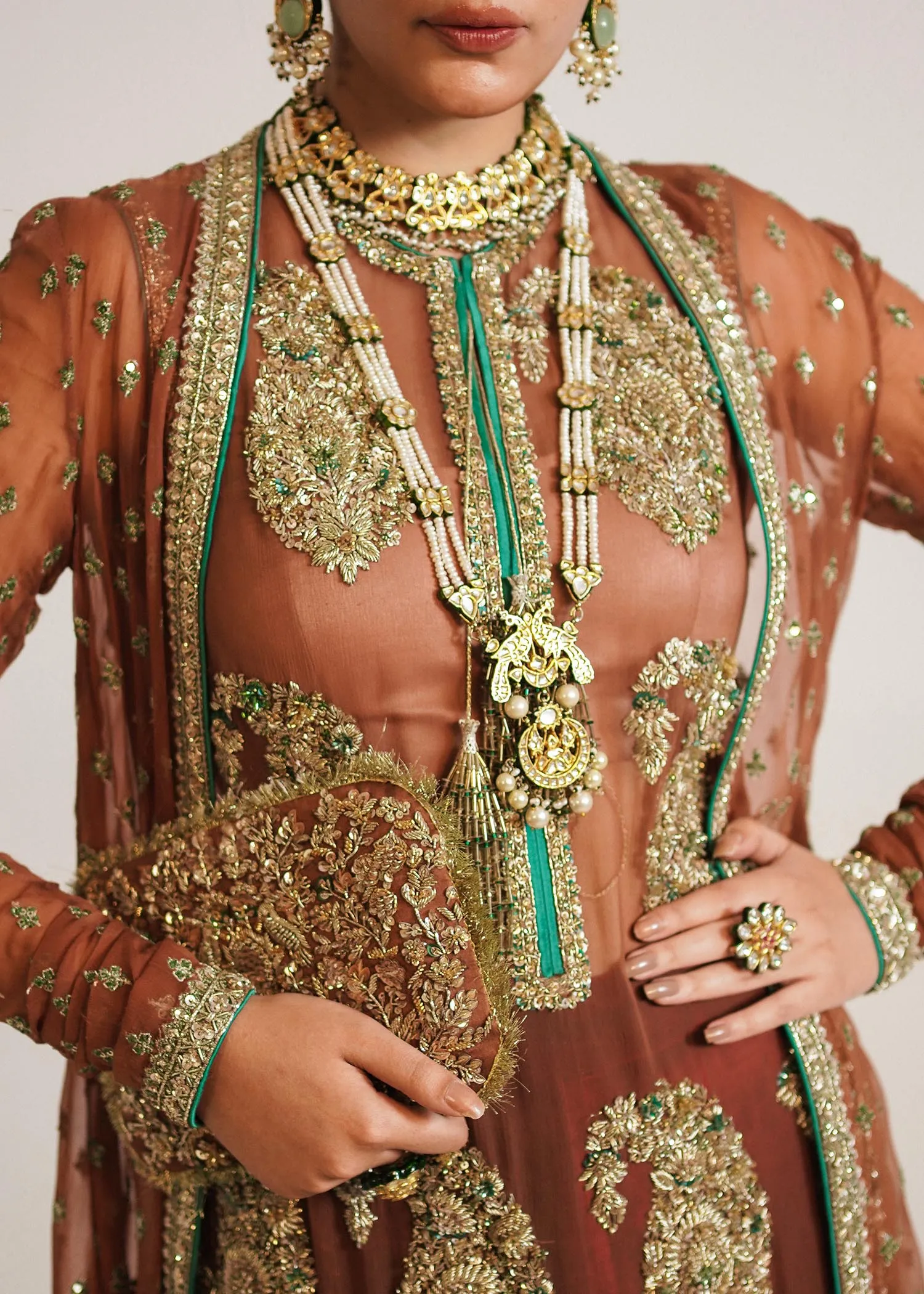 Pakistani Wedding Dress in Brown Sharara and Gown Style