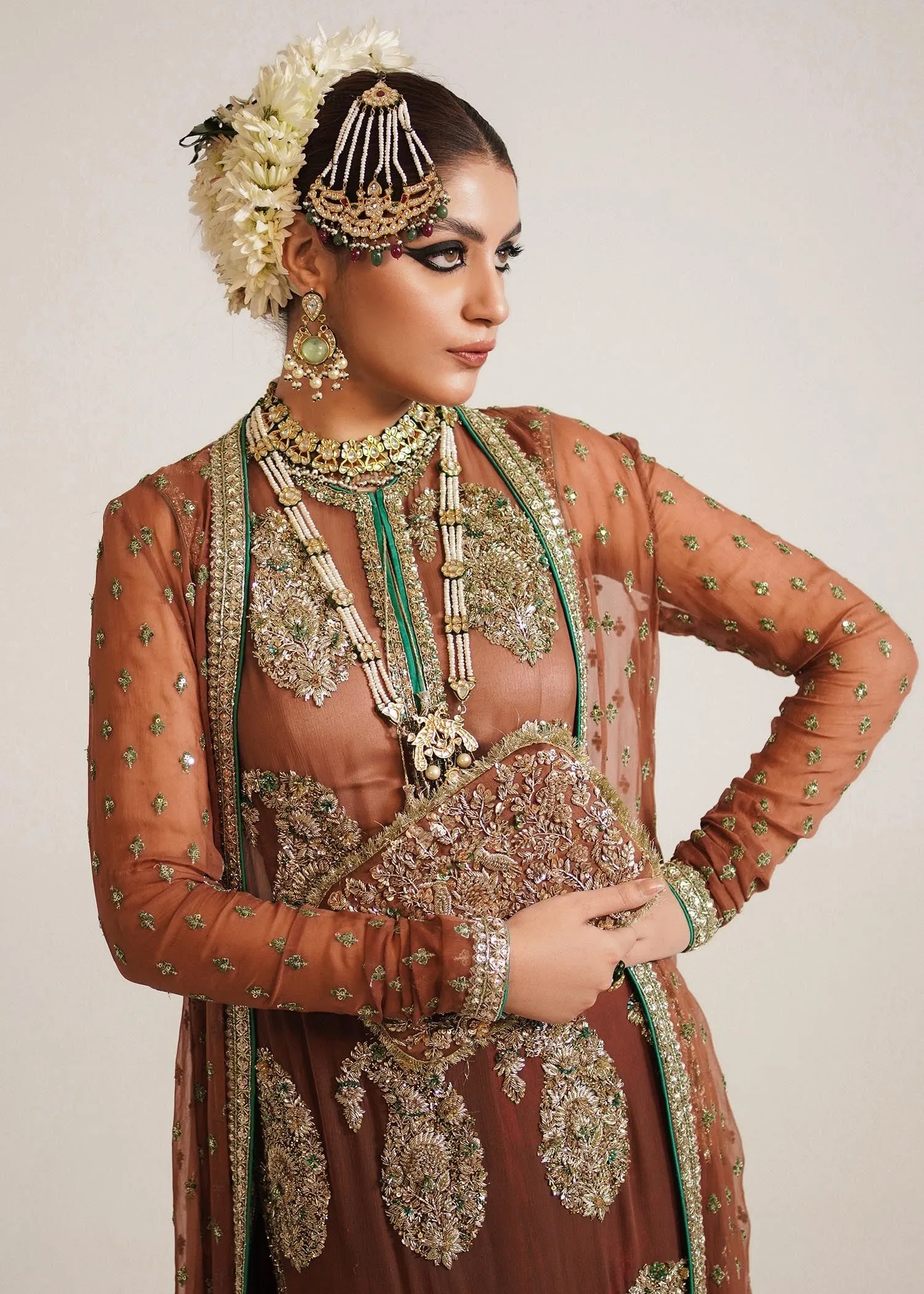 Pakistani Wedding Dress in Brown Sharara and Gown Style