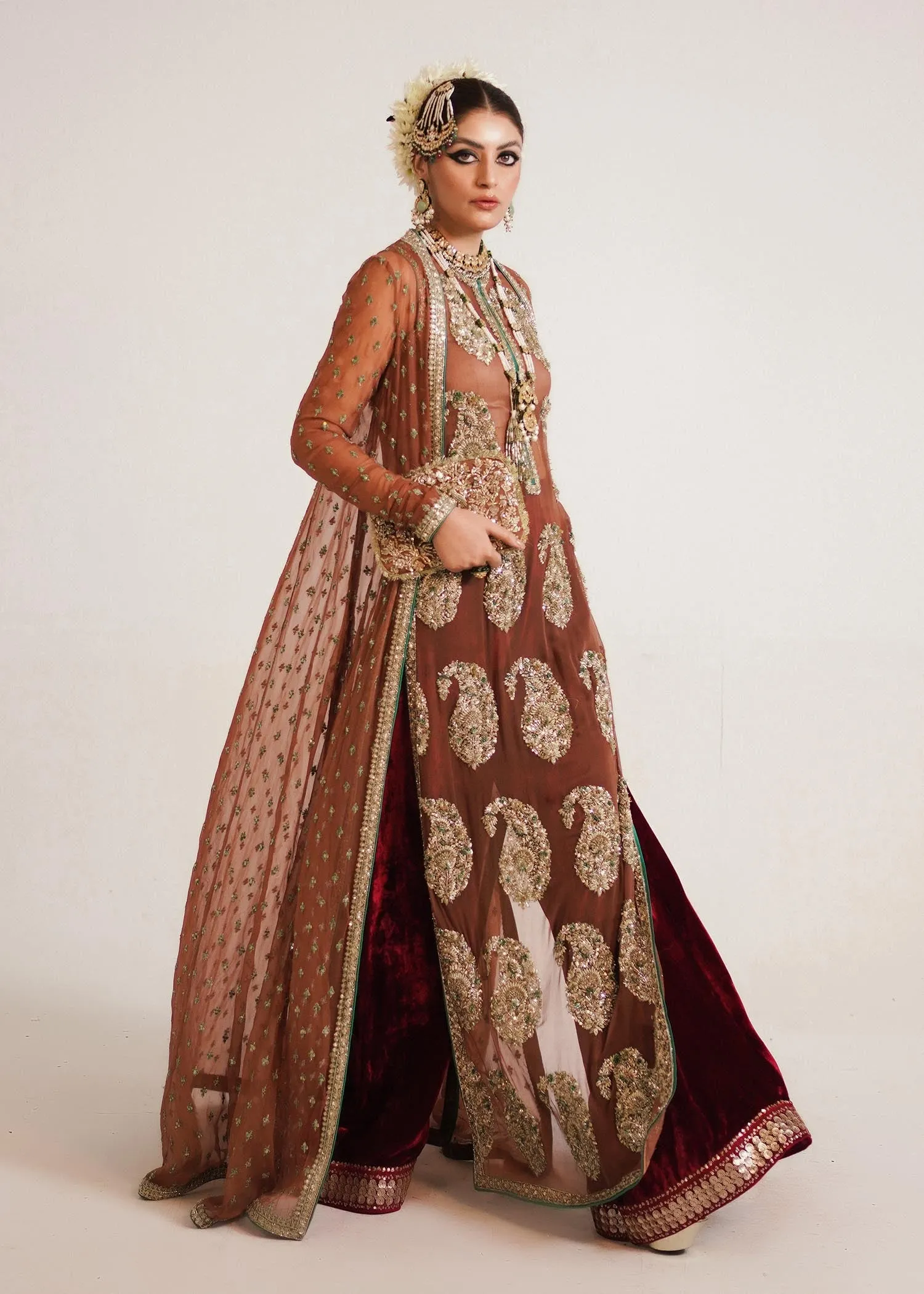 Pakistani Wedding Dress in Brown Sharara and Gown Style