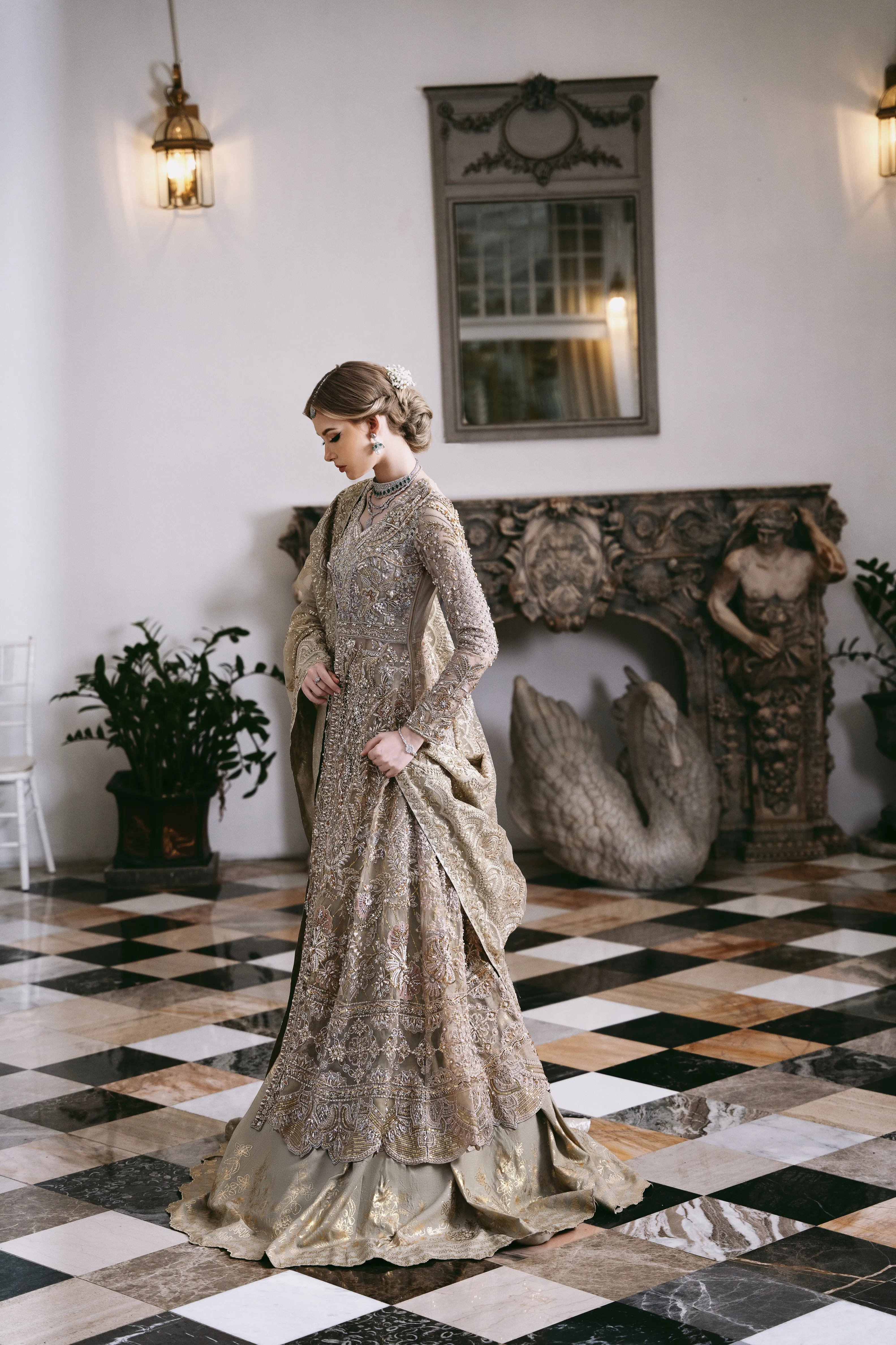 Pakistani Wedding Dress in Open Gown Lehenga Style