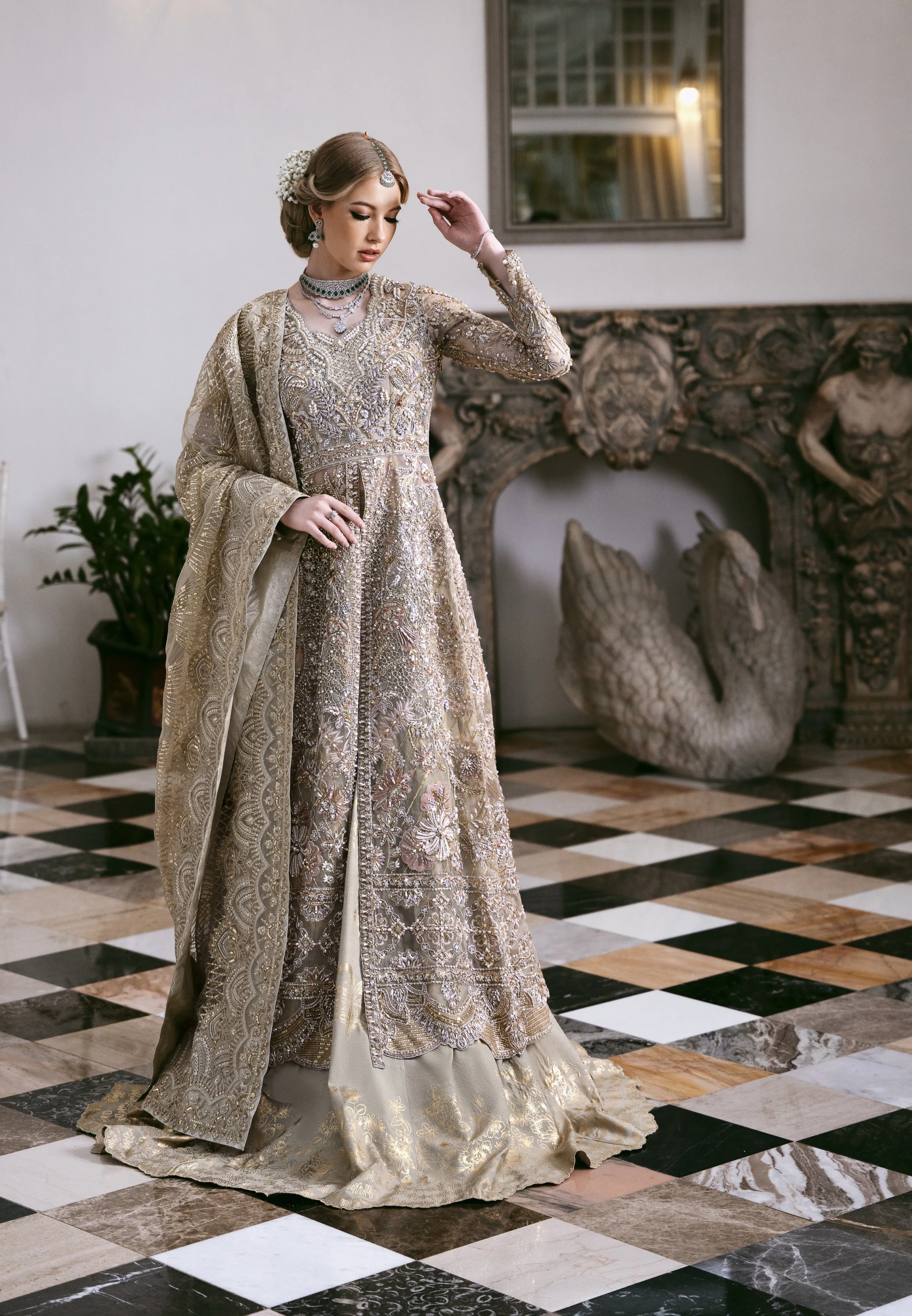 Pakistani Wedding Dress in Open Gown Lehenga Style