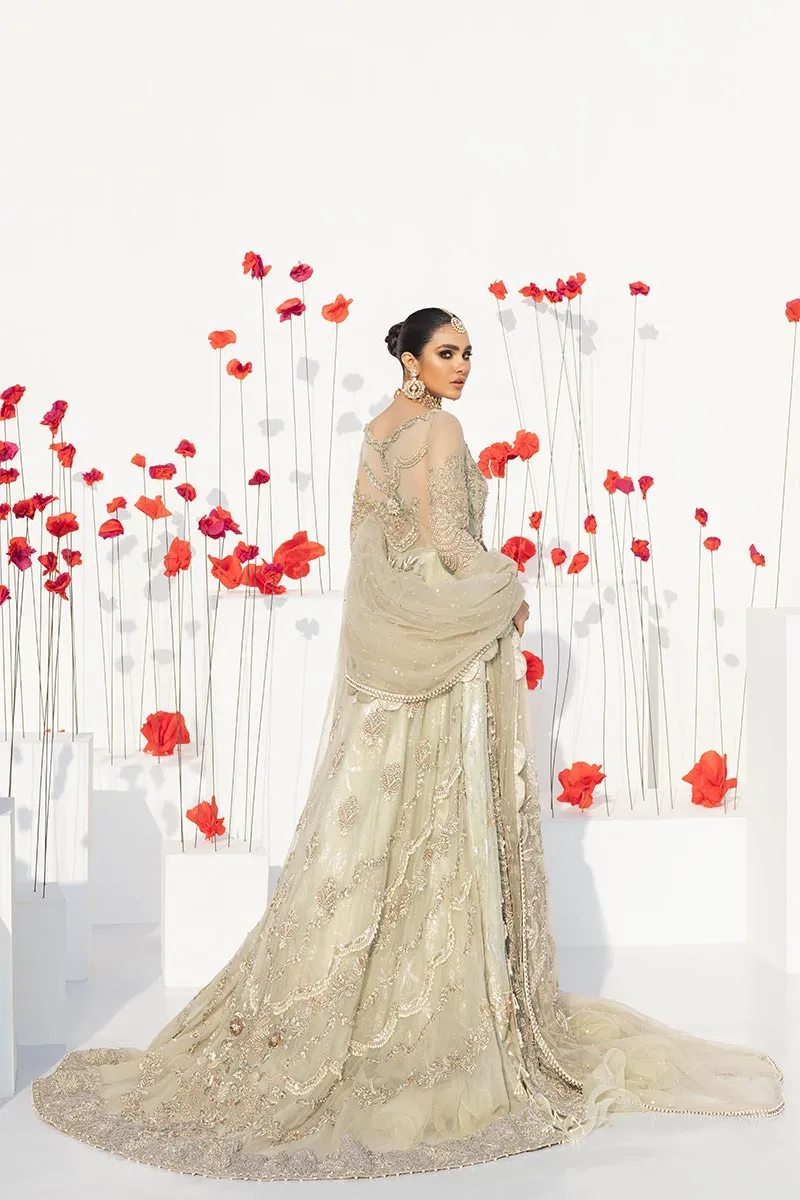 Pakistani White and Golden Wedding Lehenga Frock #BN1113