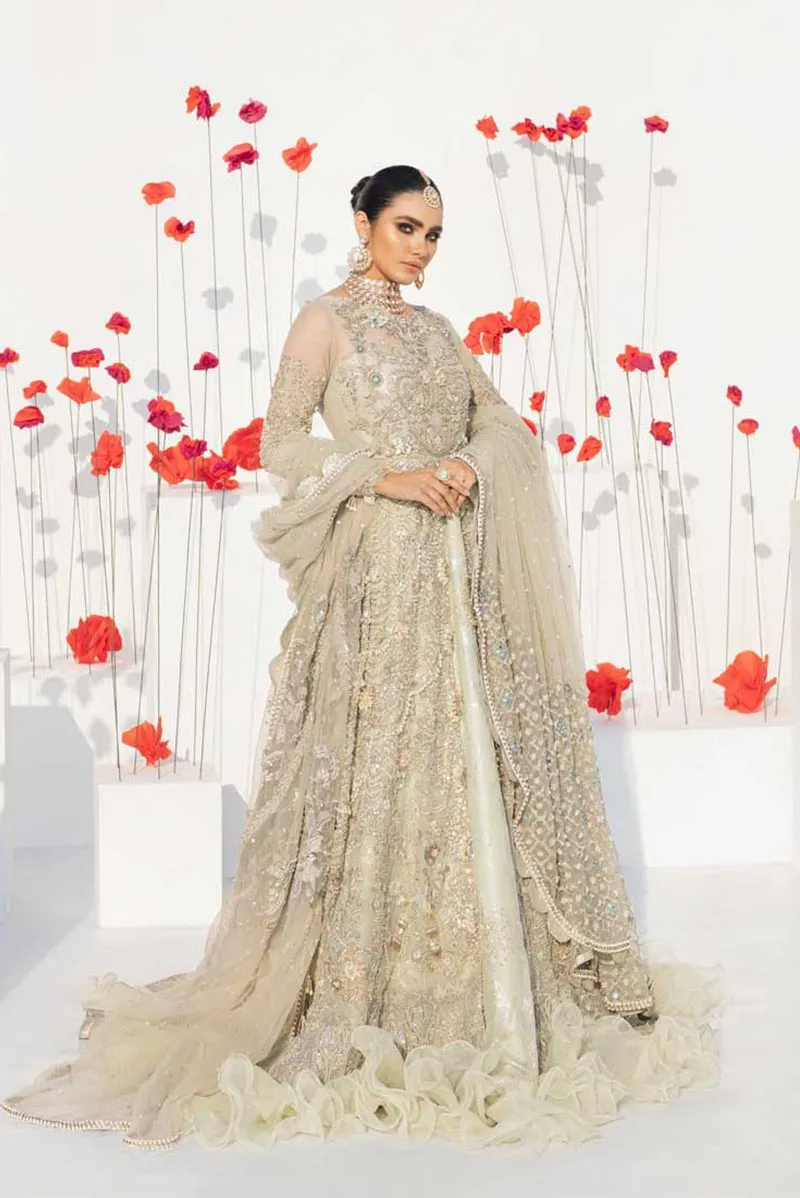Pakistani White and Golden Wedding Lehenga Frock #BN1113