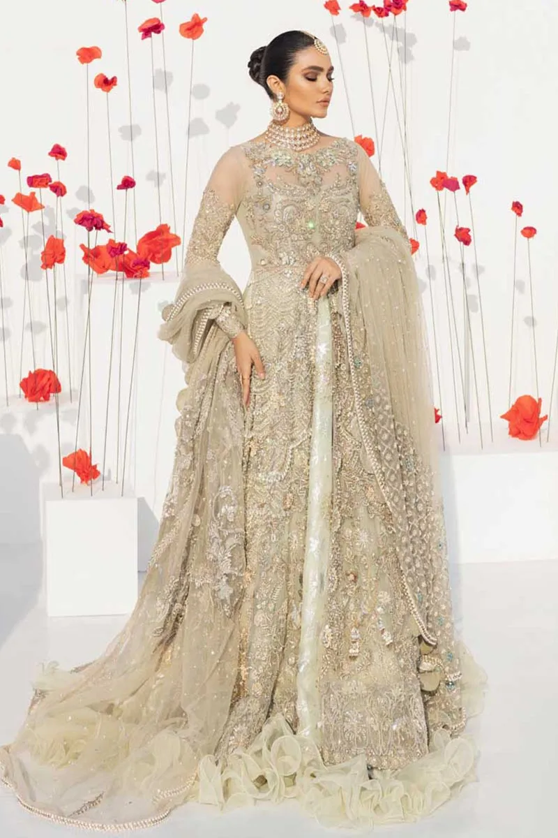 Pakistani White and Golden Wedding Lehenga Frock #BN1113