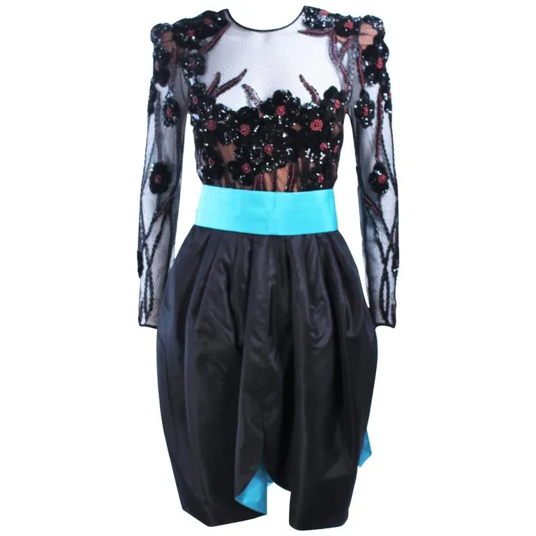 PAUL LOUIS ORRIER Black Cocktail Dress w/ Turquoise Belt Size 6-8