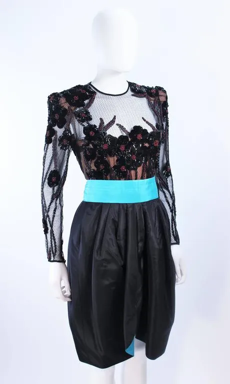 PAUL LOUIS ORRIER Black Cocktail Dress w/ Turquoise Belt Size 6-8