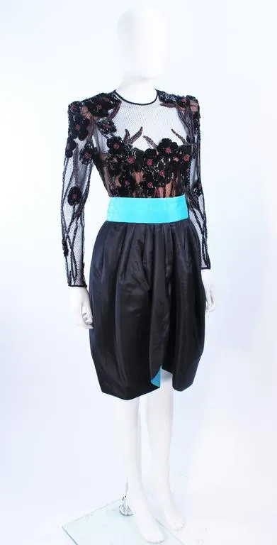PAUL LOUIS ORRIER Black Cocktail Dress w/ Turquoise Belt Size 6-8