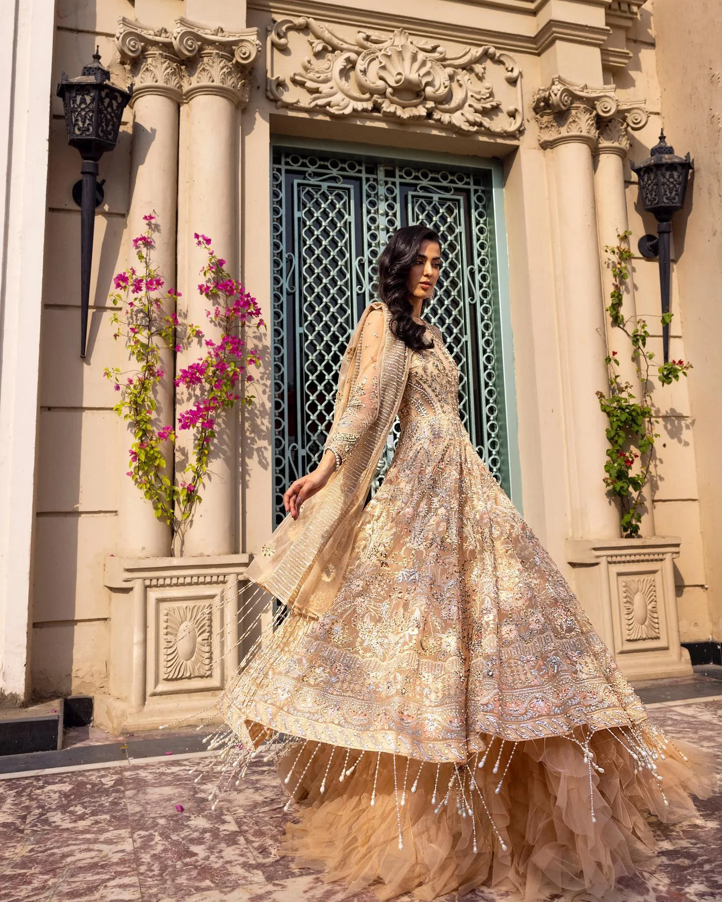 Peach Bridal Dress Pakistani in Gown Lehenga Style