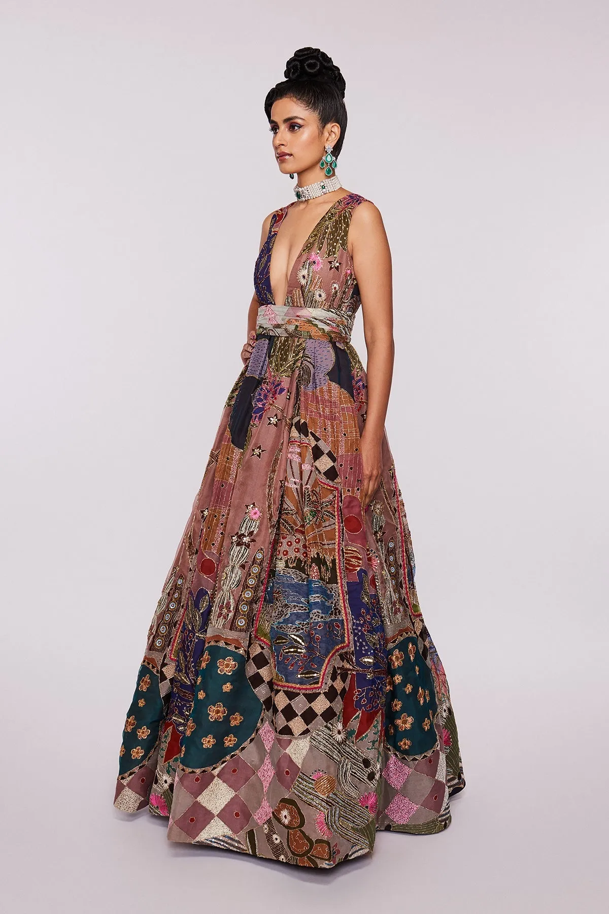Peach Divergence Organza Printed And Embellished Gown