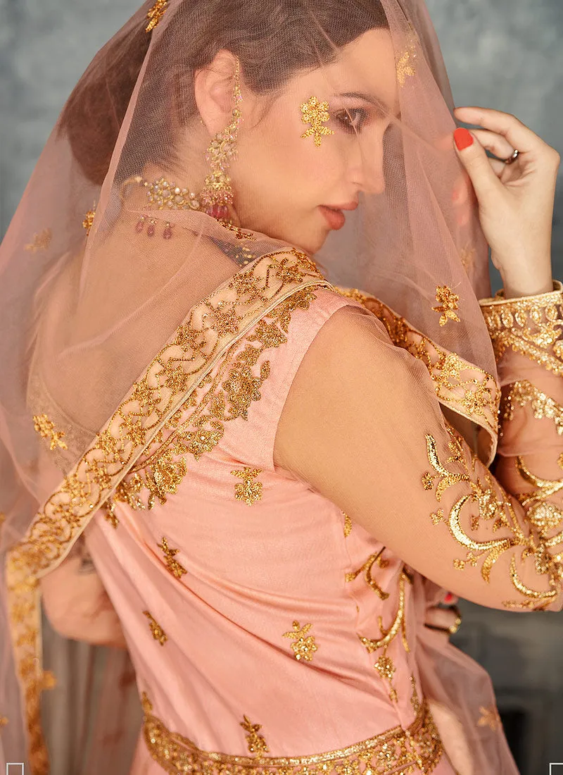 Peach Golden Embroidered Anarkali Suit