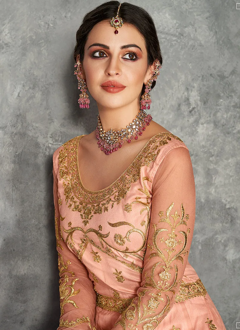 Peach Golden Embroidered Anarkali Suit