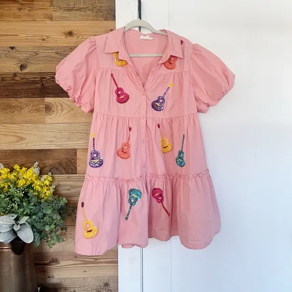 Peach Love California Sequin Guitar Dress Coral Puff Sleeve Large