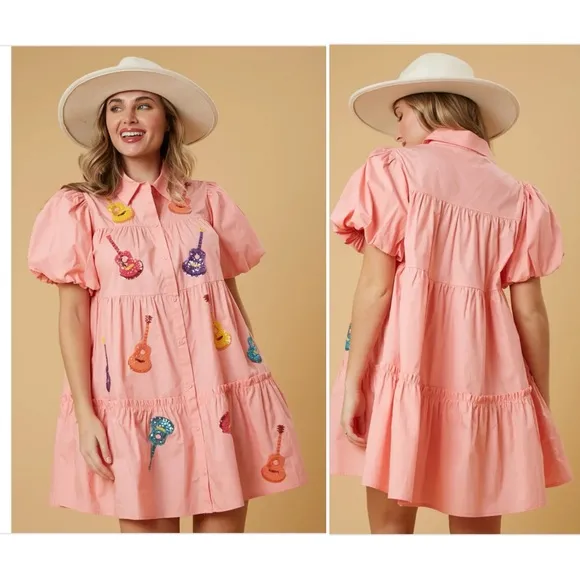 Peach Love California Sequin Guitar Dress Coral Puff Sleeve Large
