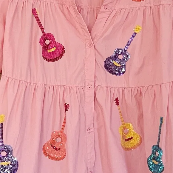 Peach Love California Sequin Guitar Dress Coral Puff Sleeve Large