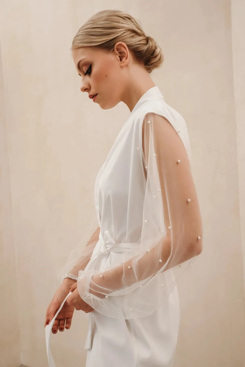 Pearl Sleeve Satin Silk Bridal Robe