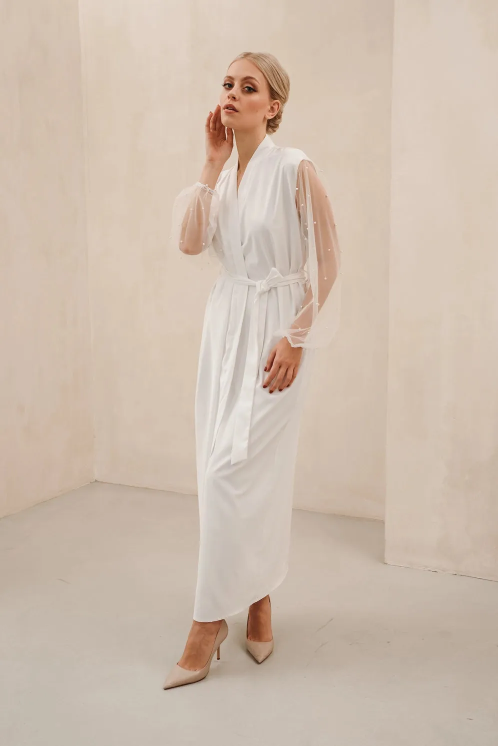 Pearl Sleeve Satin Silk Bridal Robe