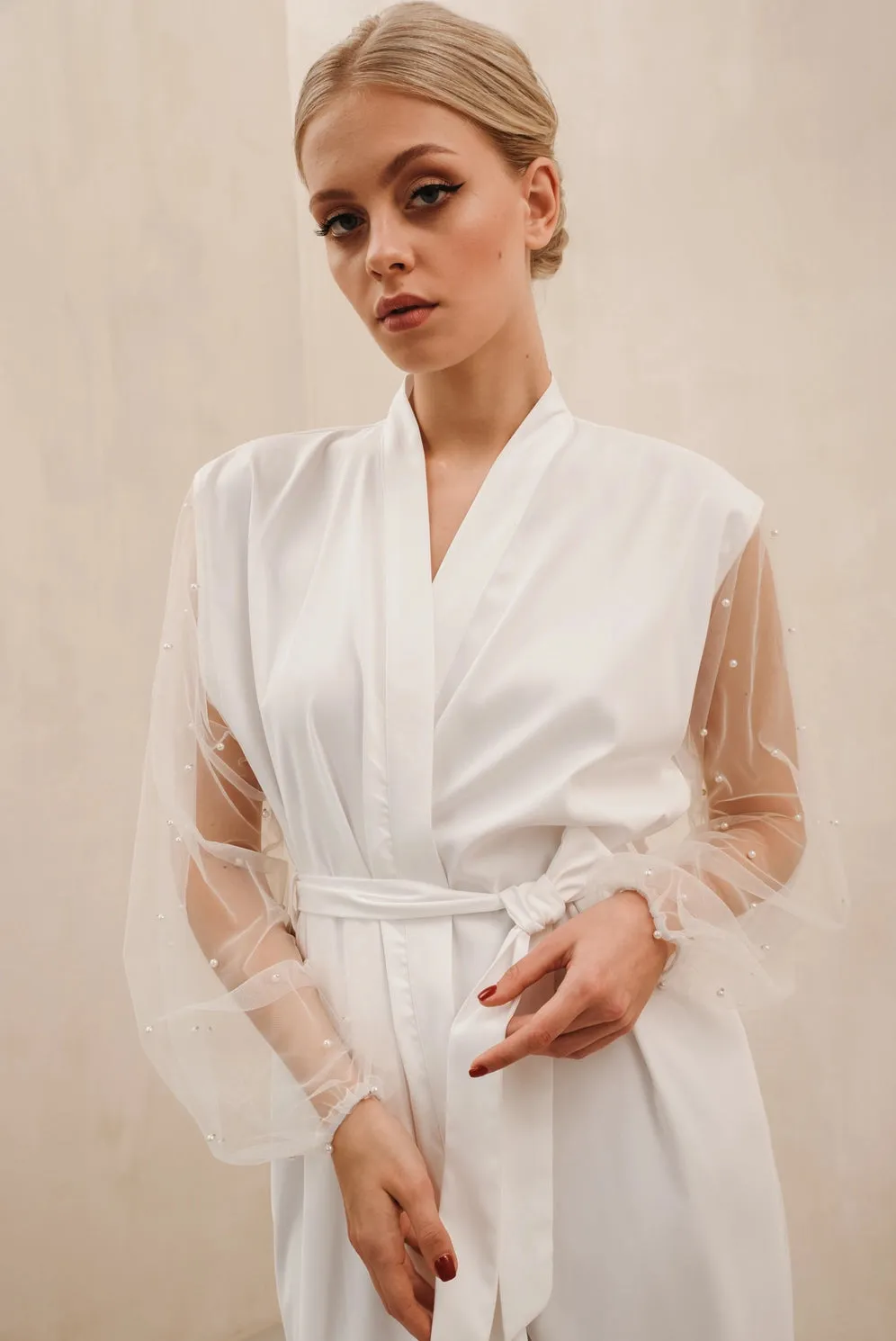Pearl Sleeve Satin Silk Bridal Robe
