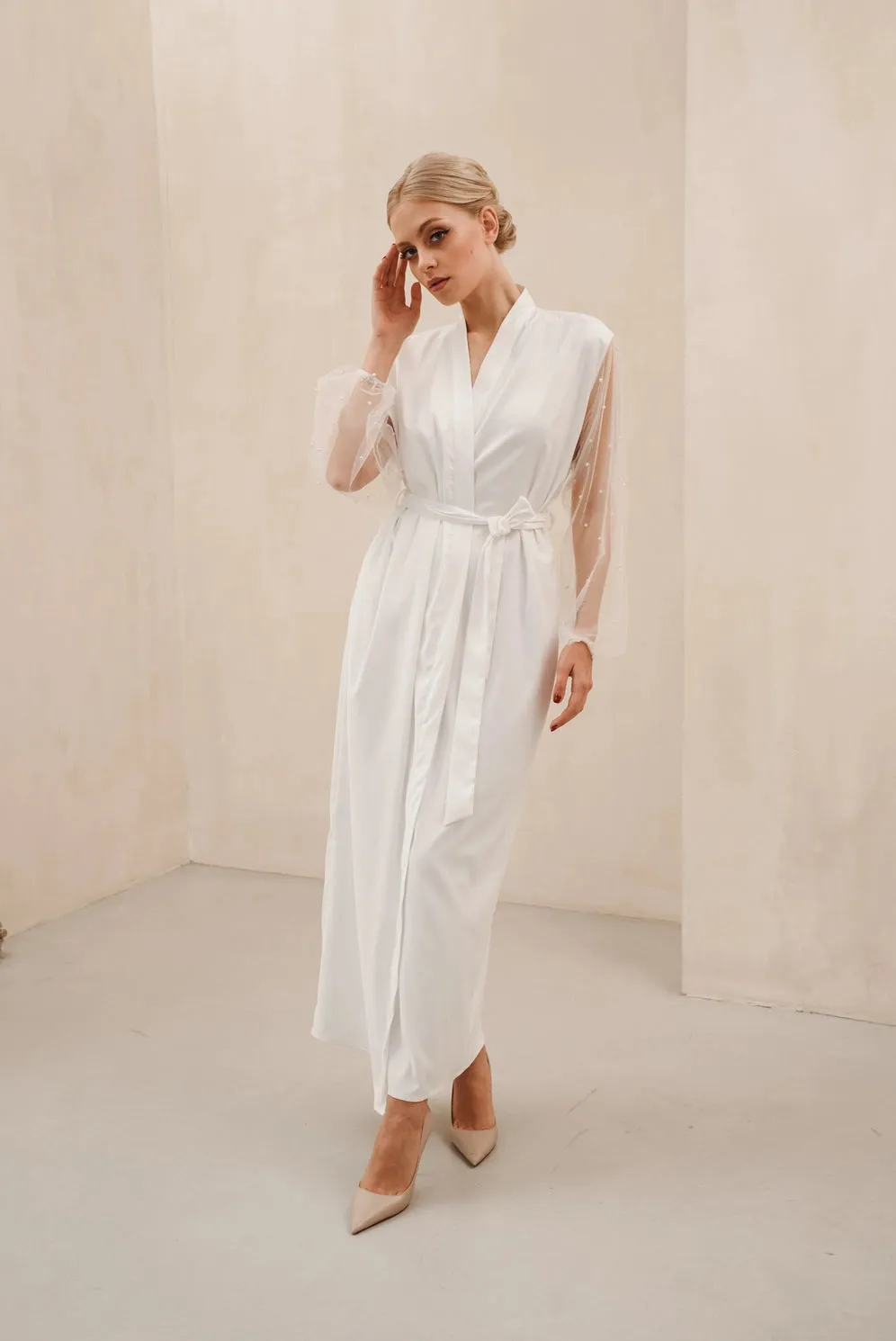 Pearl Sleeve Satin Silk Bridal Robe