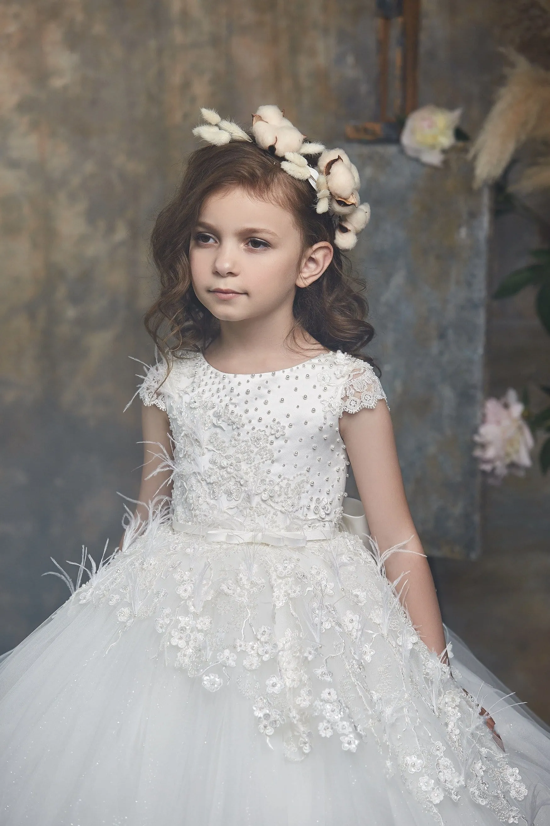 Pearls and Feathers Ivory Flowergirl Dress