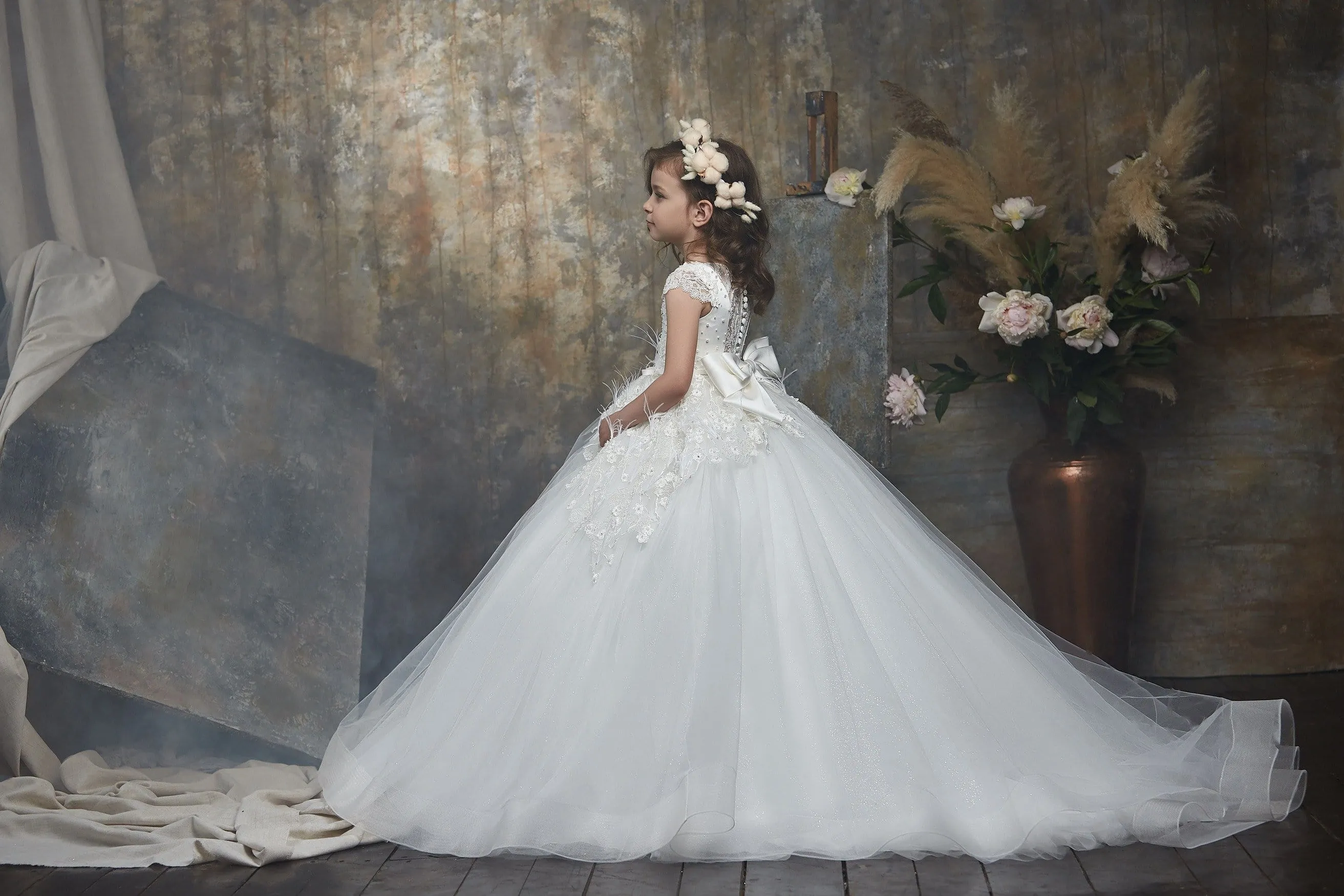 Pearls and Feathers Ivory Flowergirl Dress