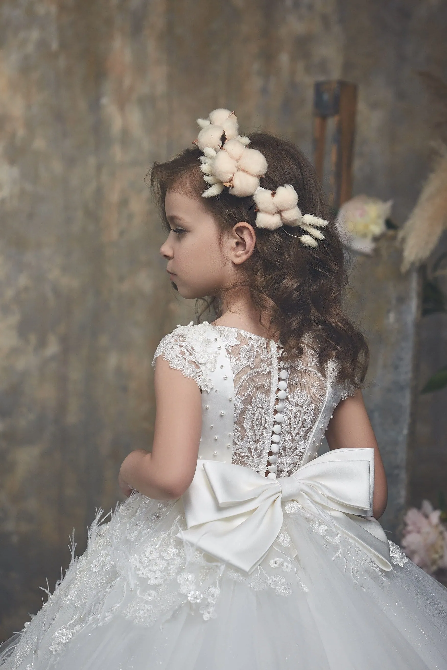Pearls and Feathers Ivory Flowergirl Dress