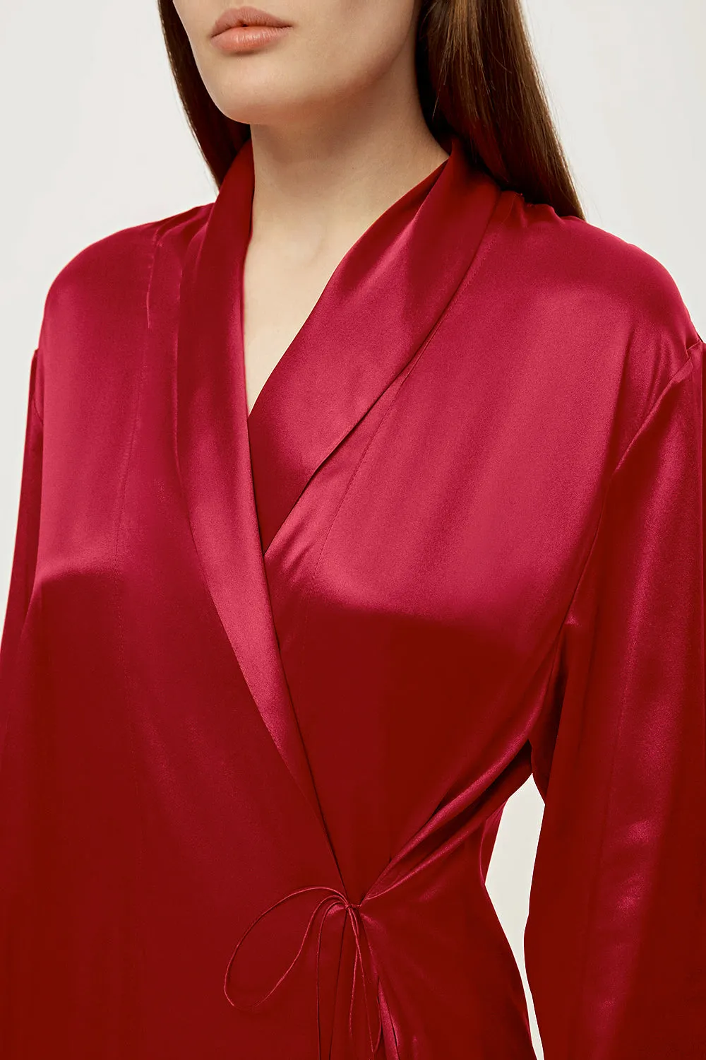 Peignoir style silk robe in cherry red
