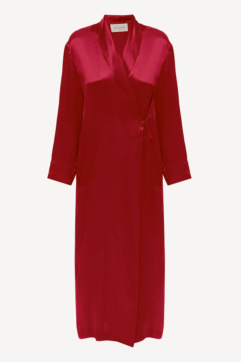 Peignoir style silk robe in cherry red