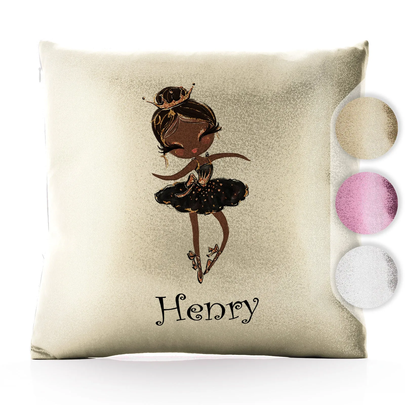 Personalised Glitter Cushion with Cute Text and Black Hair Black Dress Tiara Ballerina