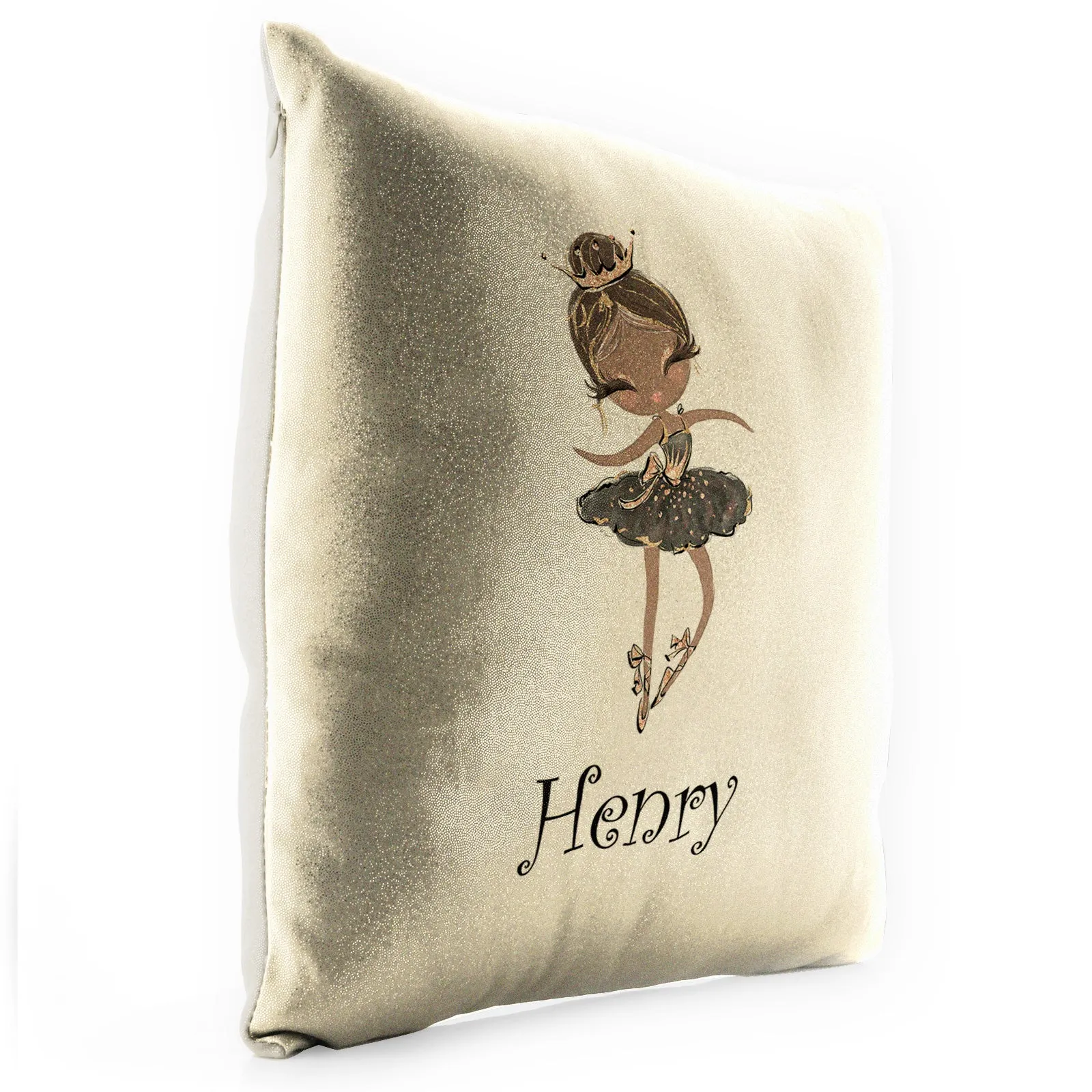 Personalised Glitter Cushion with Cute Text and Black Hair Black Dress Tiara Ballerina